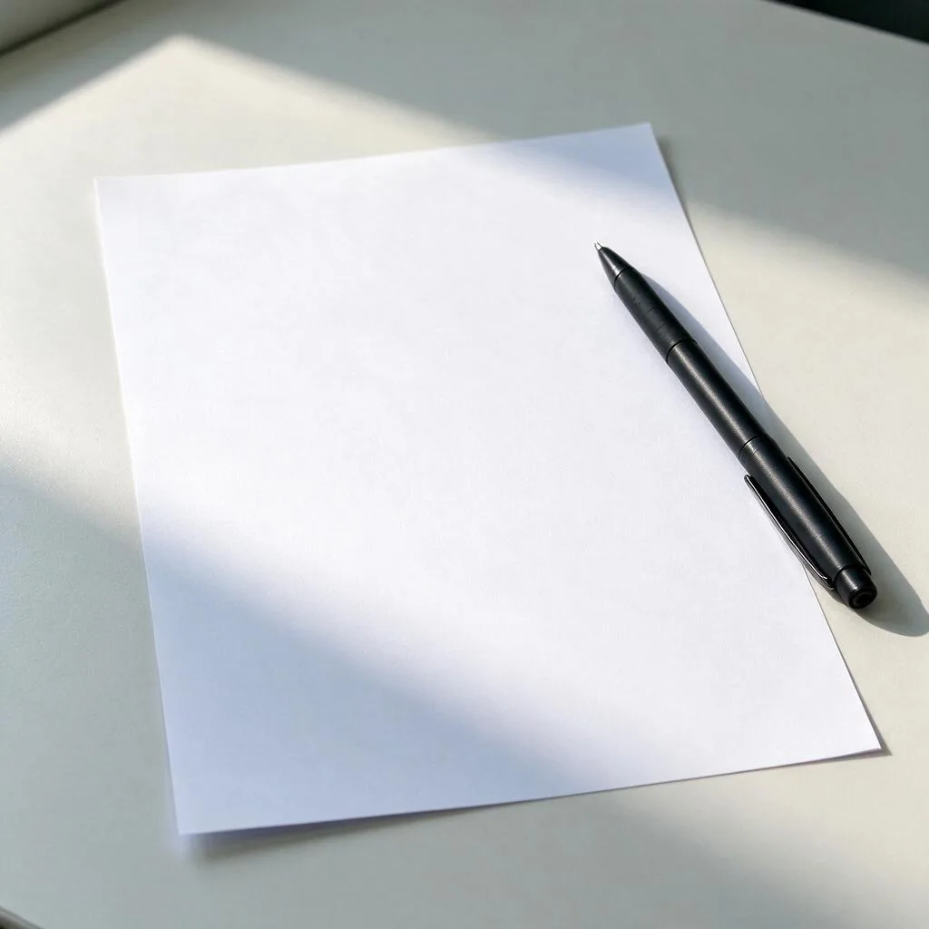 Ilustración de una hoja de papel en blanco y un bolígrafo sobre un escritorio claro