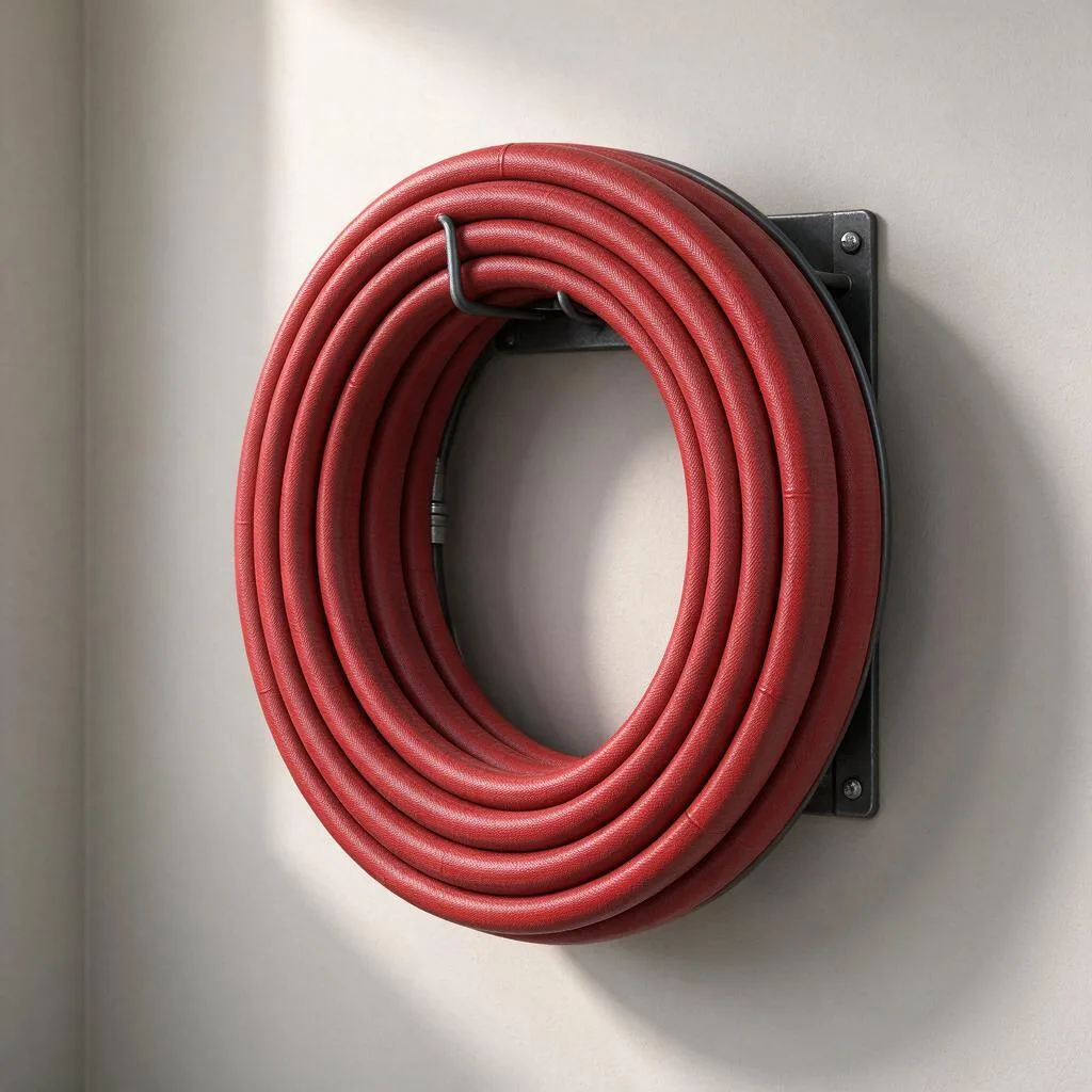Illustration d’un tuyau rouge enroulé sur un tambour de dévidoir rond mural devant un mur clair uni