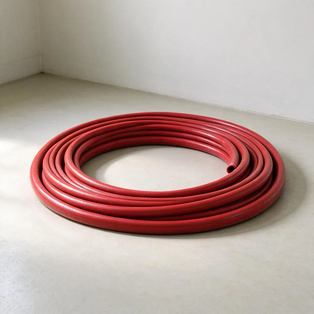 Ilustración de una manguera roja enrollada tendida sobre un suelo claro junto a una pared lisa