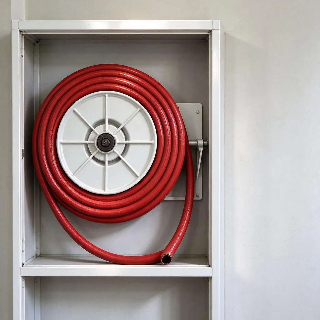 Illustration of a coiled red fire hose on a wall-mounted reel drum inside an open wall cabinet