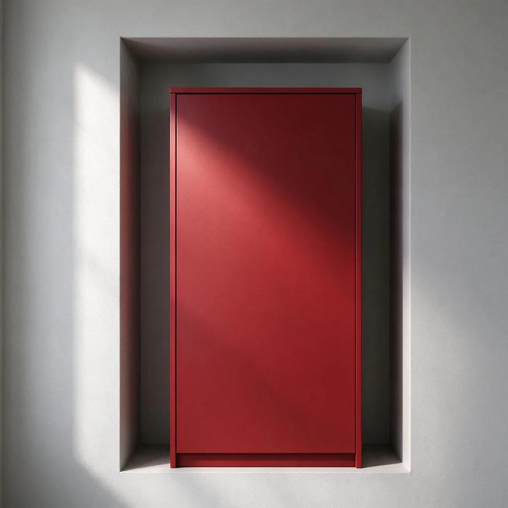 Illustration d’une armoire rouge encastrée dans une niche murale unie avec la porte fermée